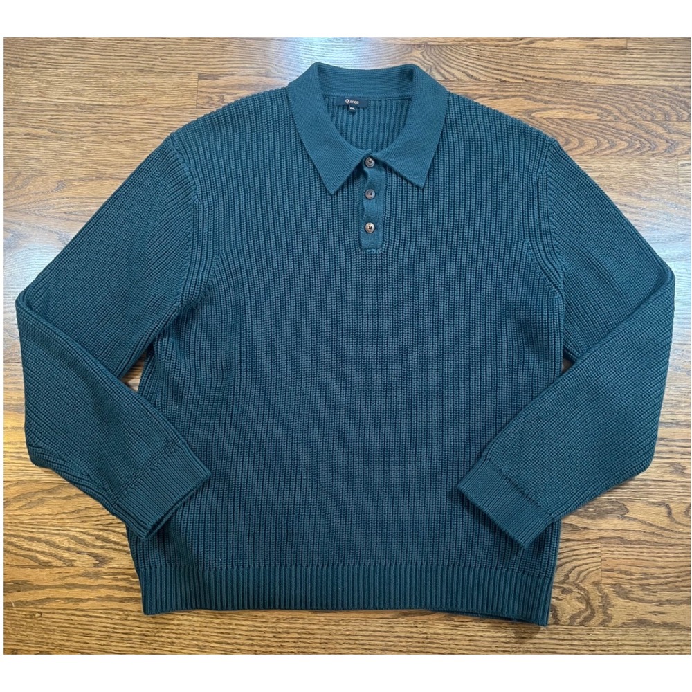 Quince Organic Cotton Shaker Stitch Polo Sweater XXL Forest Green Mens CGC01